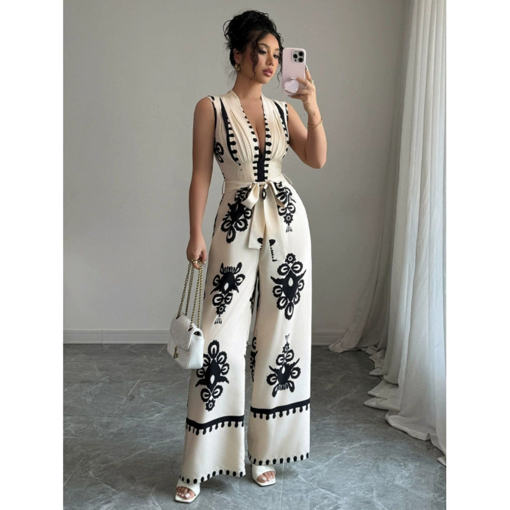 ZARA Summer Sleeveless Wide Leg Jumpsuit with Vintage Floral Print